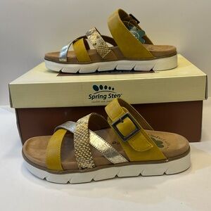 Spring Step Fianna-Mstm Mustard/Gold/Snake Strap slides Size 5.5-6